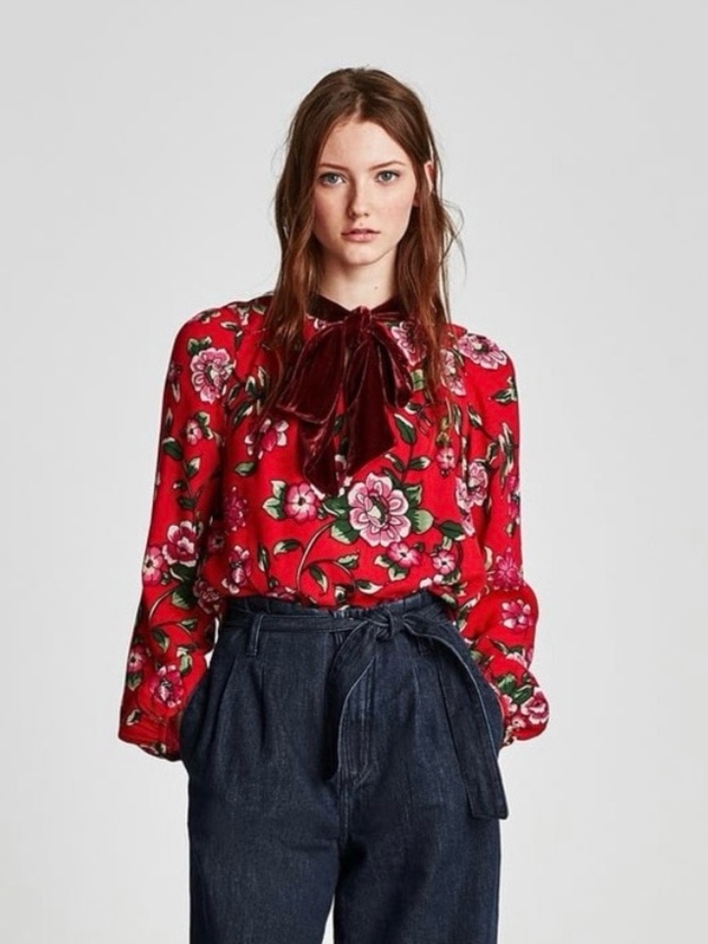 Zara Red Floral Tie-Neck Blouse Size Small
